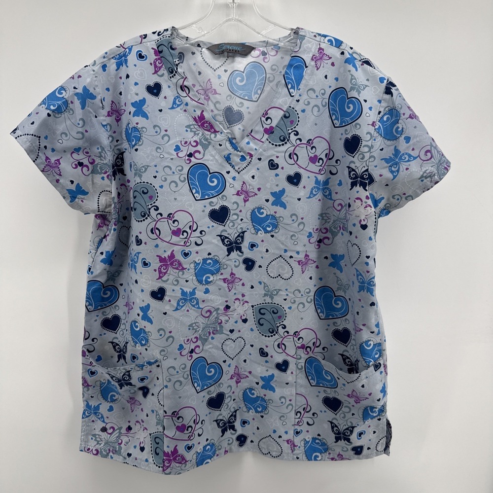 NEW Serene Women's Medium Scrub Top- Gray -Purple Blue Valentines Day Heart Love